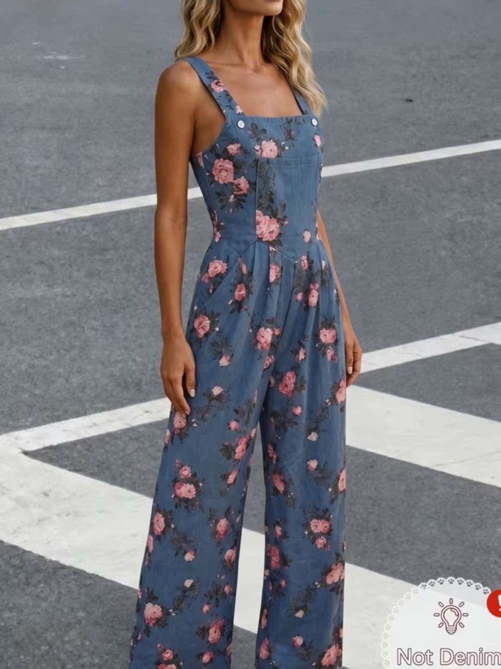 Floral Blue Wide-Leg Jeans Jumpsuit - Pink Rose Print